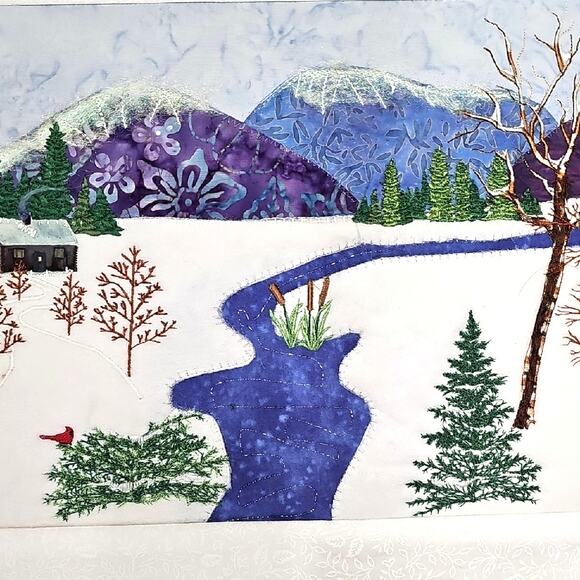 Hand Crafted Embroidered Quilted Wall Art with Winter Scene Cabin in the Woods - Picture 3 of 6
